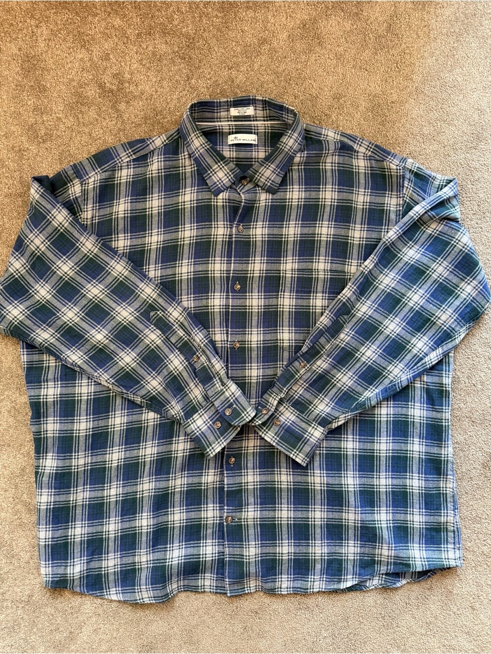 Peter Millar 100% Cotton Green and Blue Plaid Long-Sleeve Button-Down Shirt